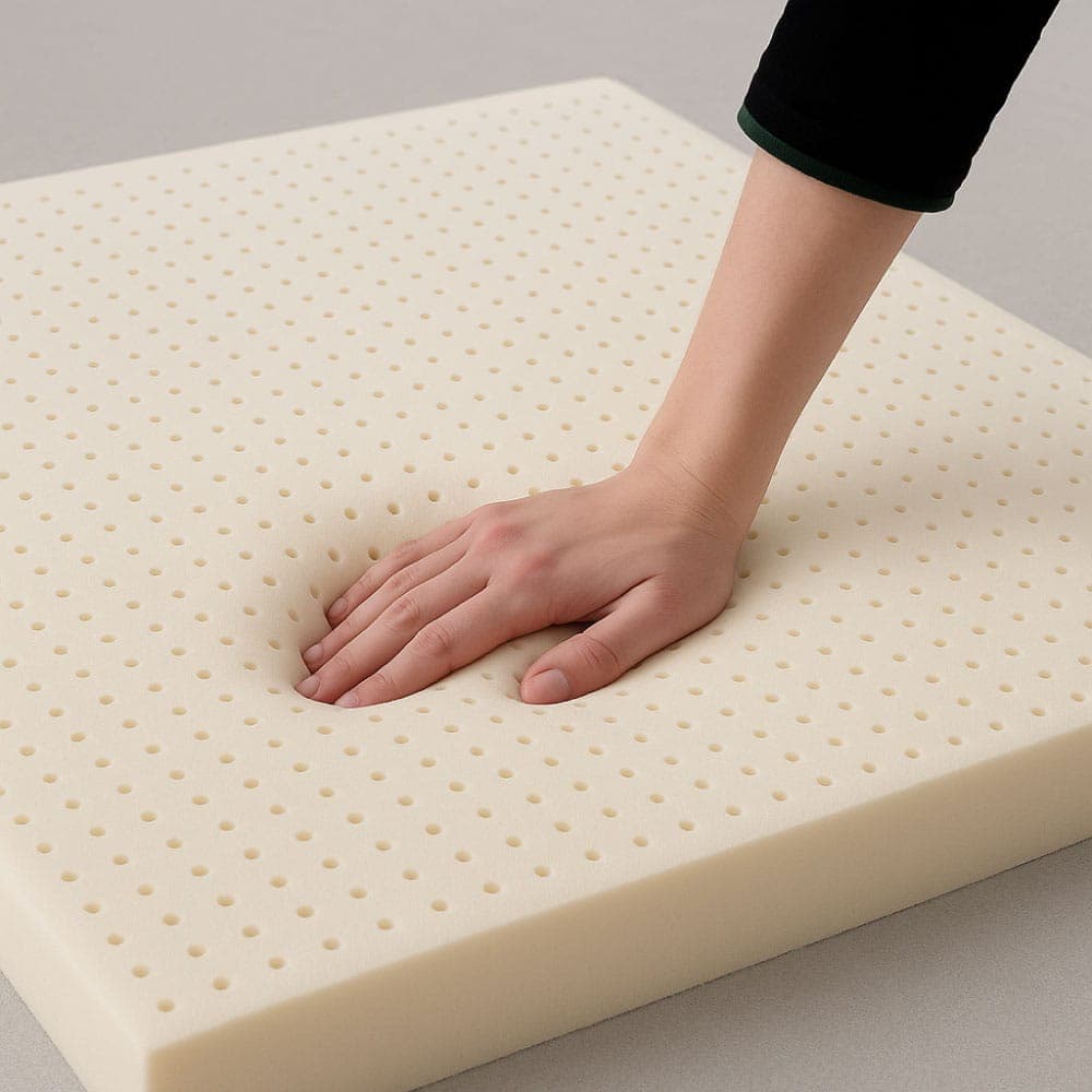 Eine Hand drückt auf die perforierte Naturlatexplatte