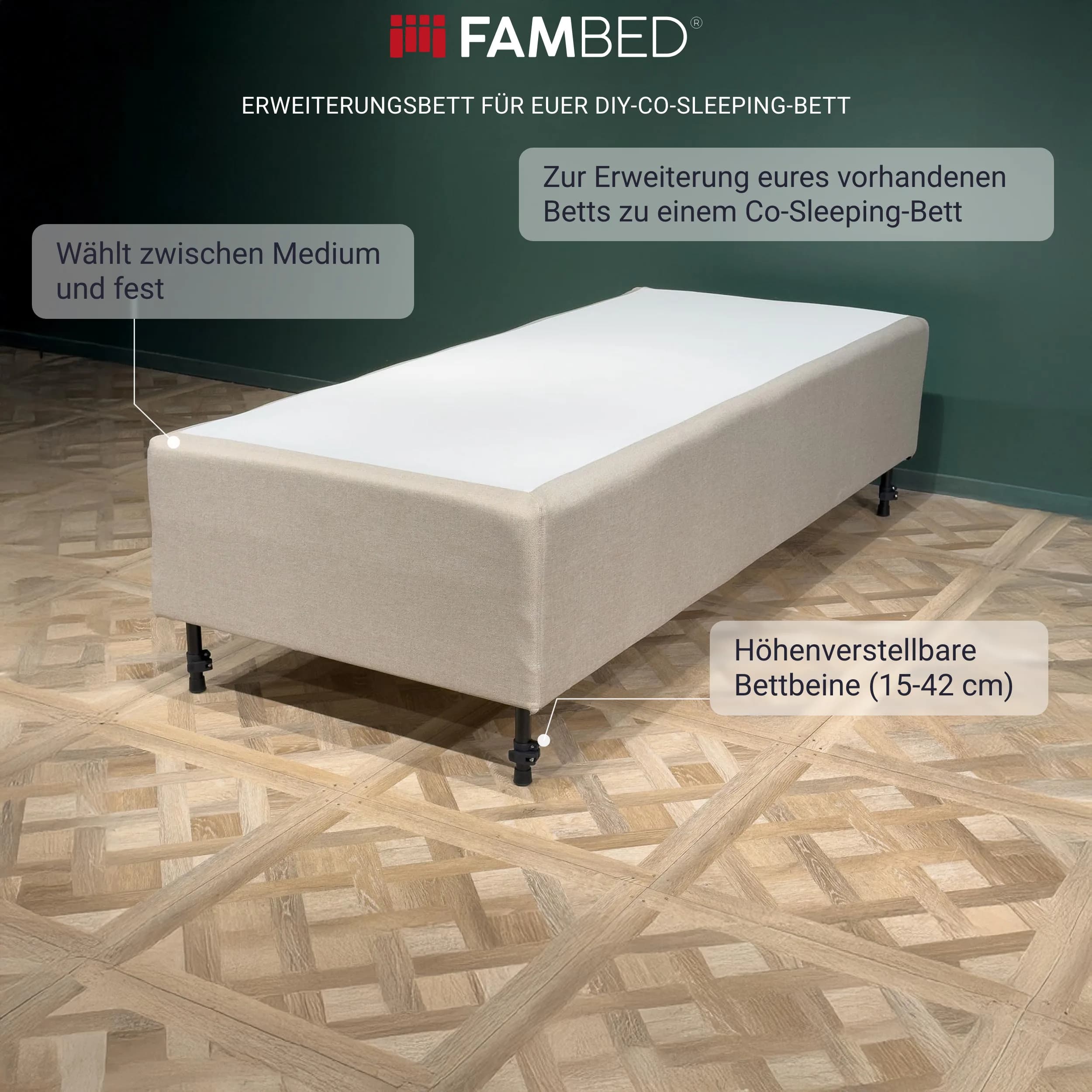 Infografik: FAMBED Erweiterungsbett auf schwarzen Beinen mit Hinweisen zur wendbaren 7-Zonen-Federkernmatratze und zu den höhenverstellbaren Bettbeinen